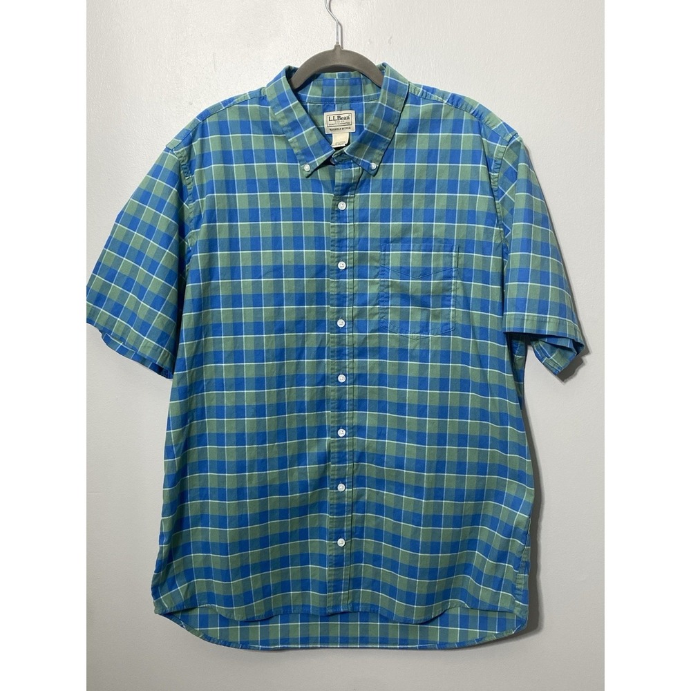 LL Bean Shirt Men's Short Sleeve Button Up Thick Cotton Blue Green Plaid Sz XLT